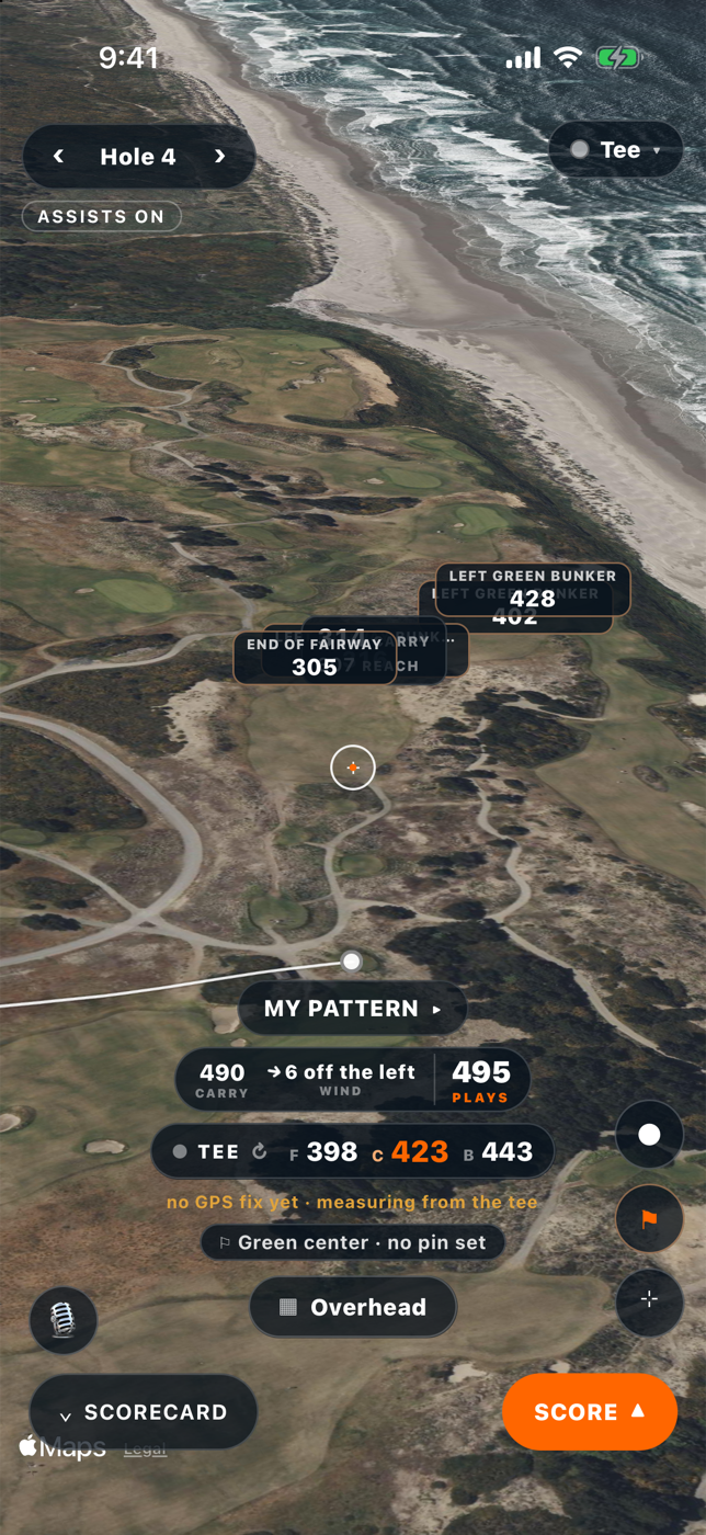 3D hole view with carry, elevation, plays-like distance and your shot pattern